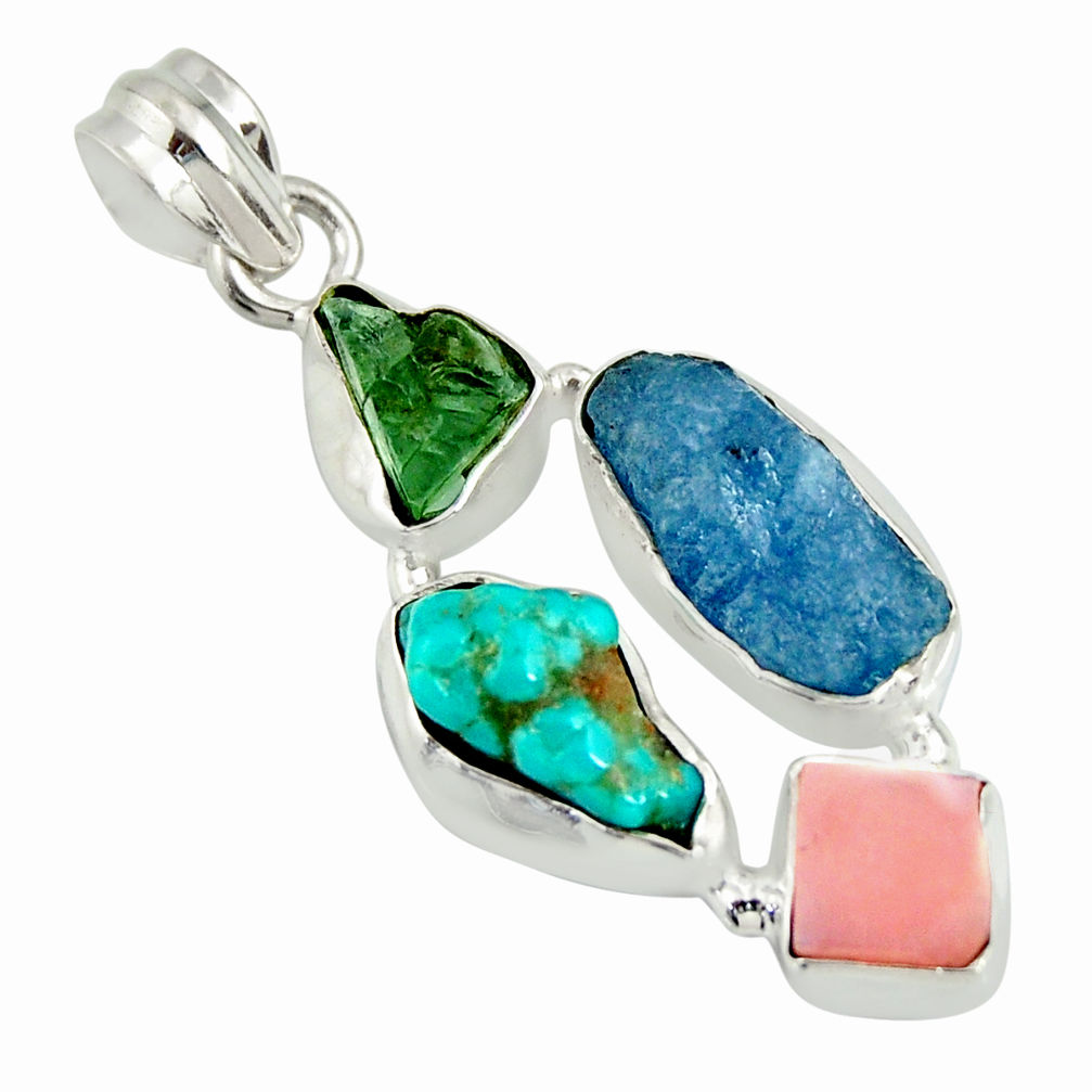 15.55cts natural green tourmaline campitos turquoise 925 silver pendant r26881