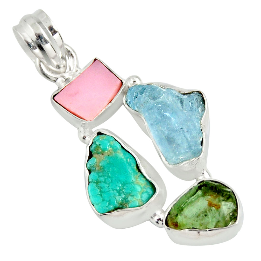 14.47cts natural green tourmaline campitos turquoise 925 silver pendant r26893