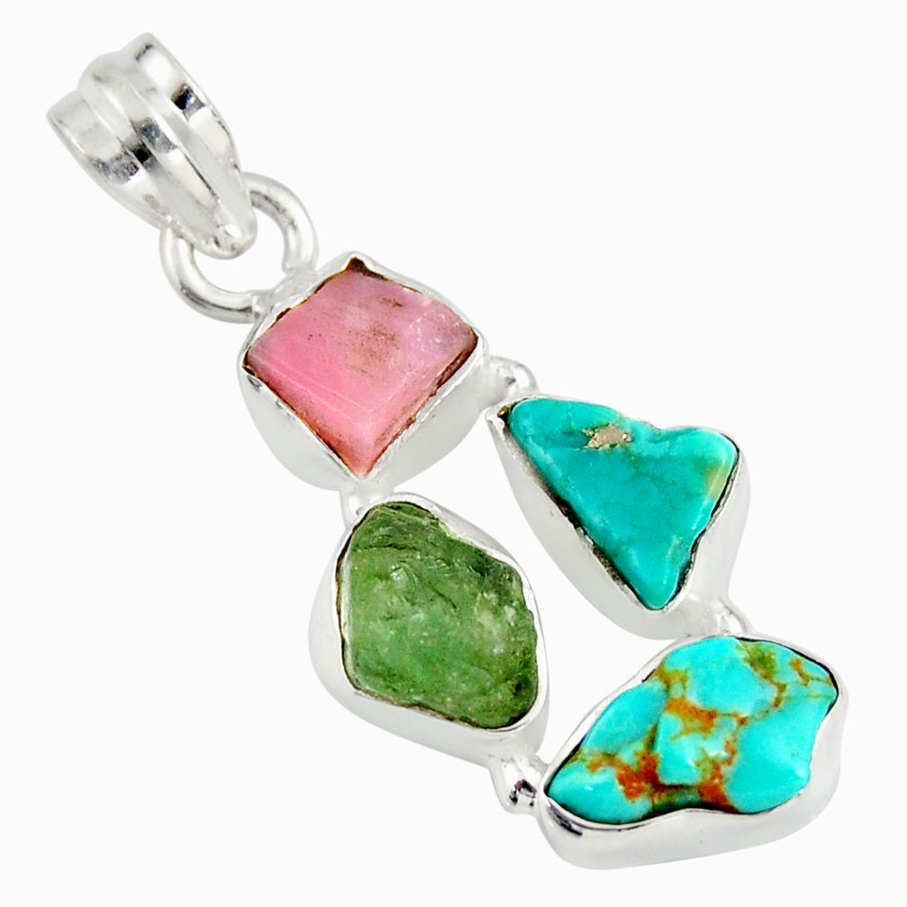 13.15cts natural green tourmaline campitos turquoise 925 silver pendant r26894