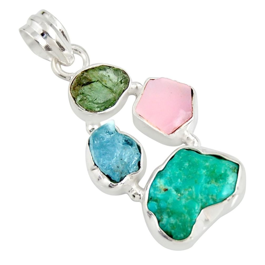 14.45cts natural green tourmaline campitos turquoise 925 silver pendant r26896