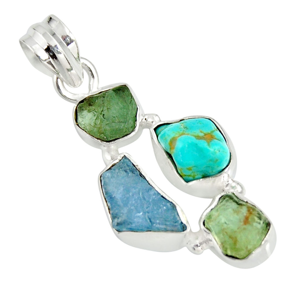 13.66cts natural green tourmaline campitos turquoise 925 silver pendant r26897