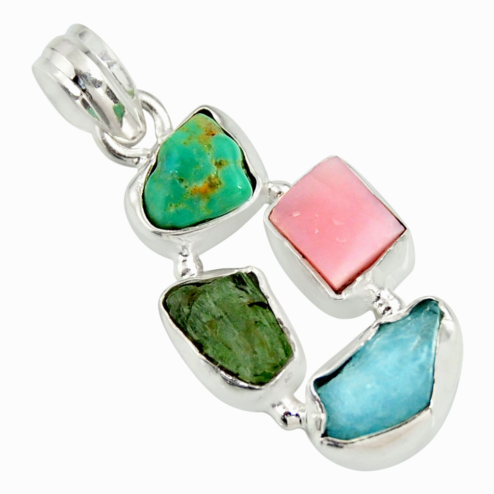 14.02cts natural green tourmaline campitos turquoise 925 silver pendant r26898