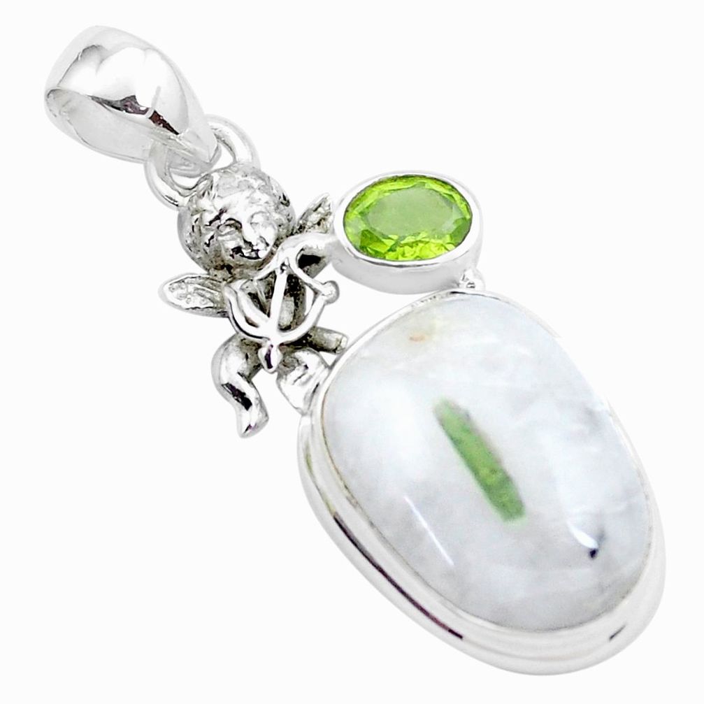 Natural green tourmaline in quartz 925 silver cupid angel wings pendant p26202