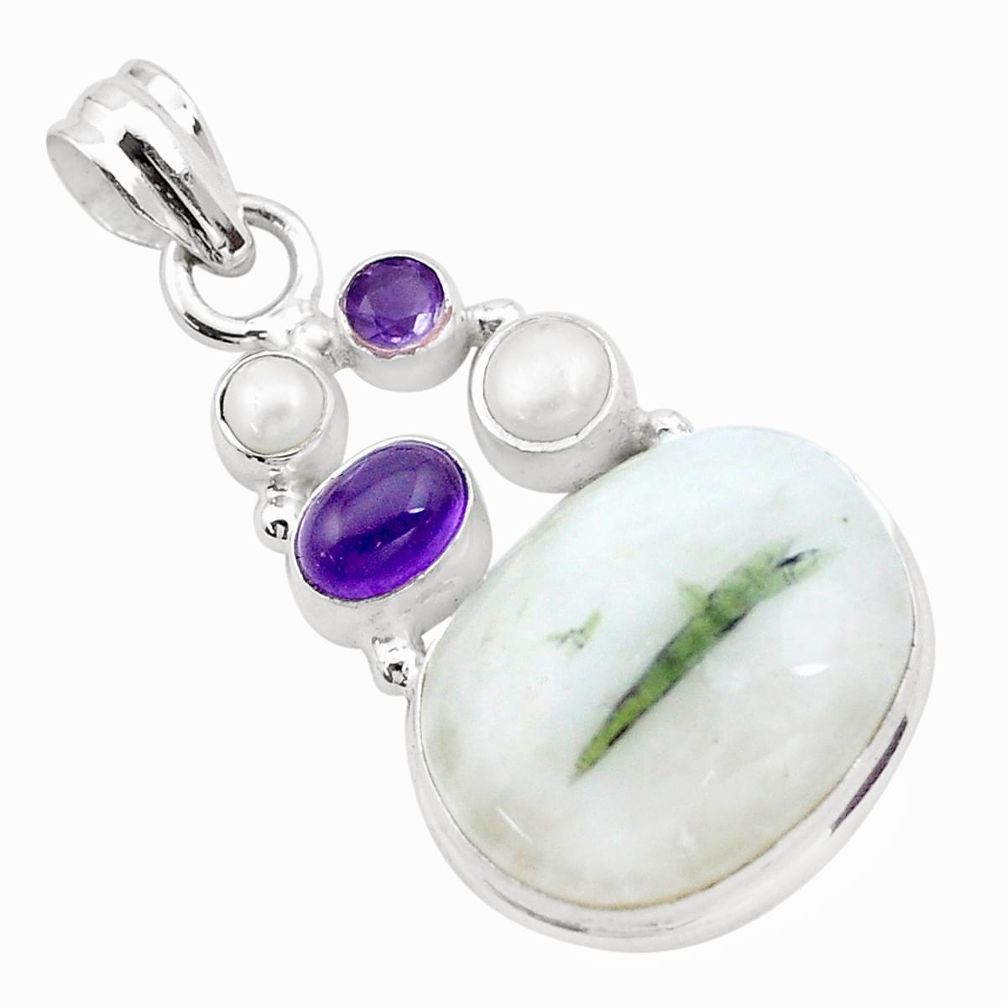 24.38cts natural green tourmaline in quartz amethyst 925 silver pendant p25534