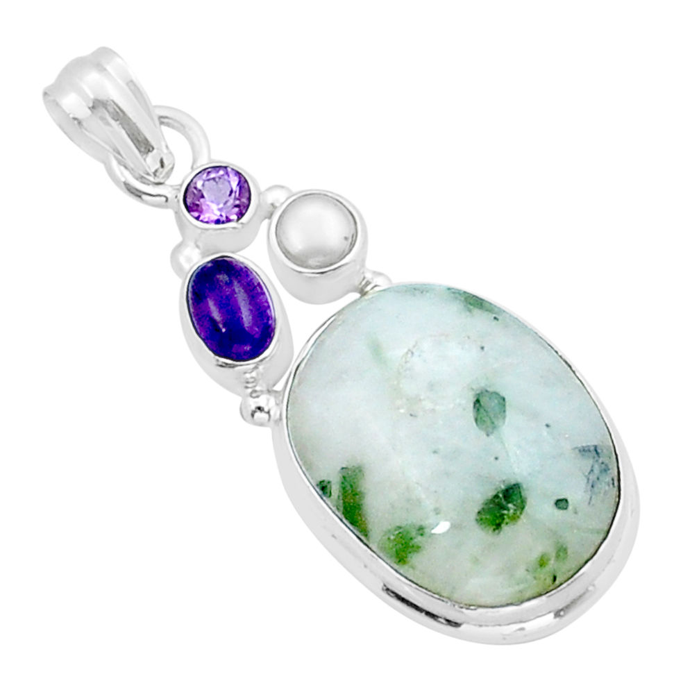 21.67cts natural green tourmaline in quartz amethyst 925 silver pendant y15091