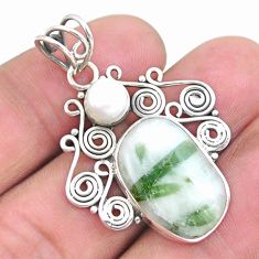 Clearance Sale- 12.83cts natural green tourmaline in quartz pearl 925 silver pendant p25213