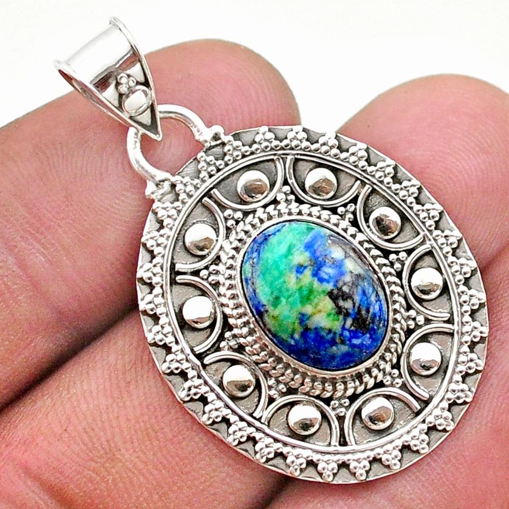 5.09cts natural green turquoise azurite 925 sterling silver pendant t44934