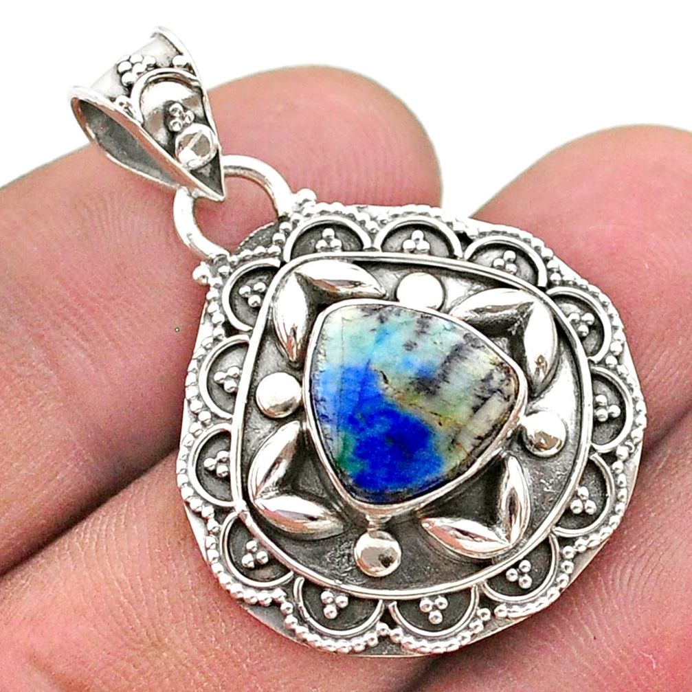 5.11cts natural green turquoise azurite 925 sterling silver pendant t44959