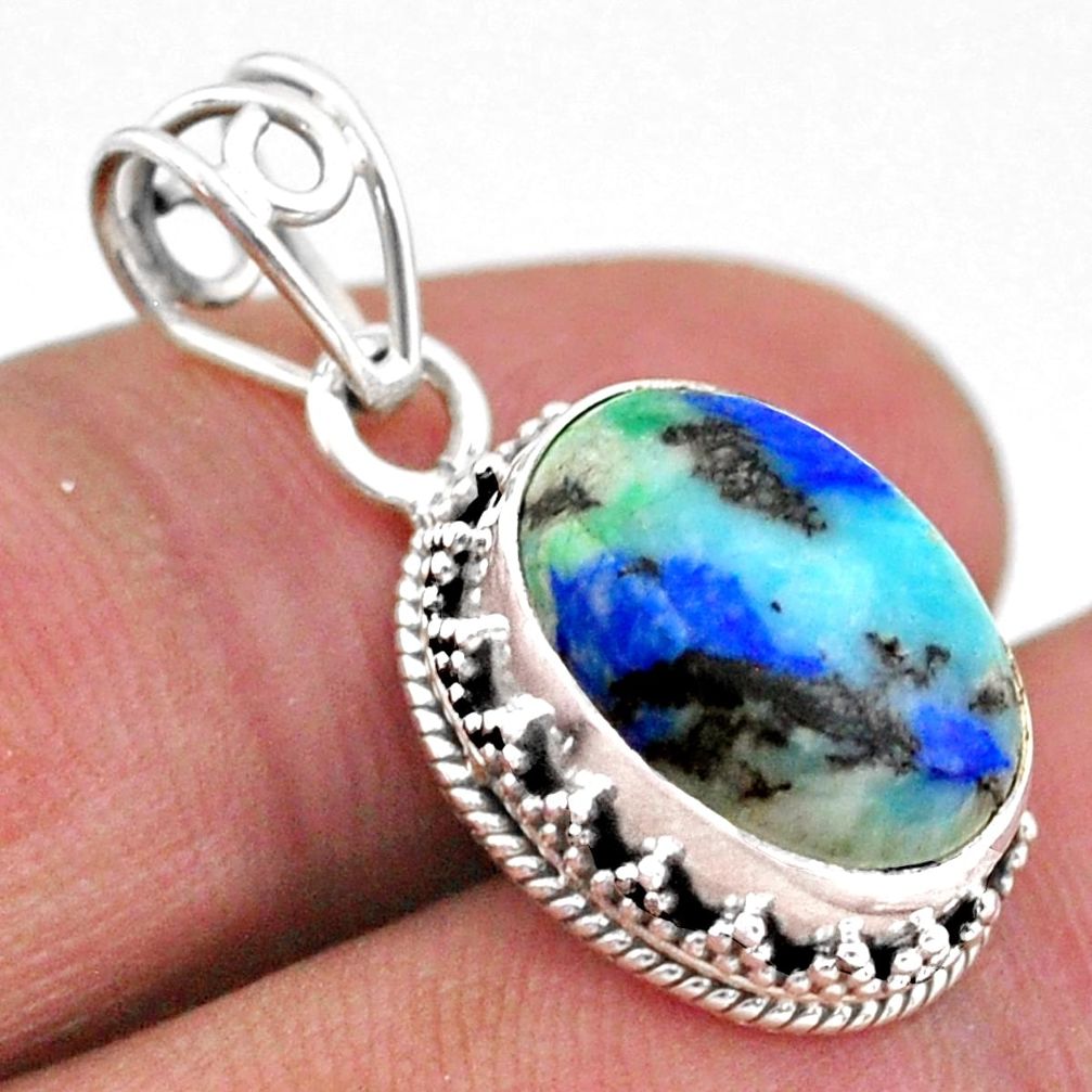 6.27cts natural green turquoise azurite oval 925 sterling silver pendant t46785