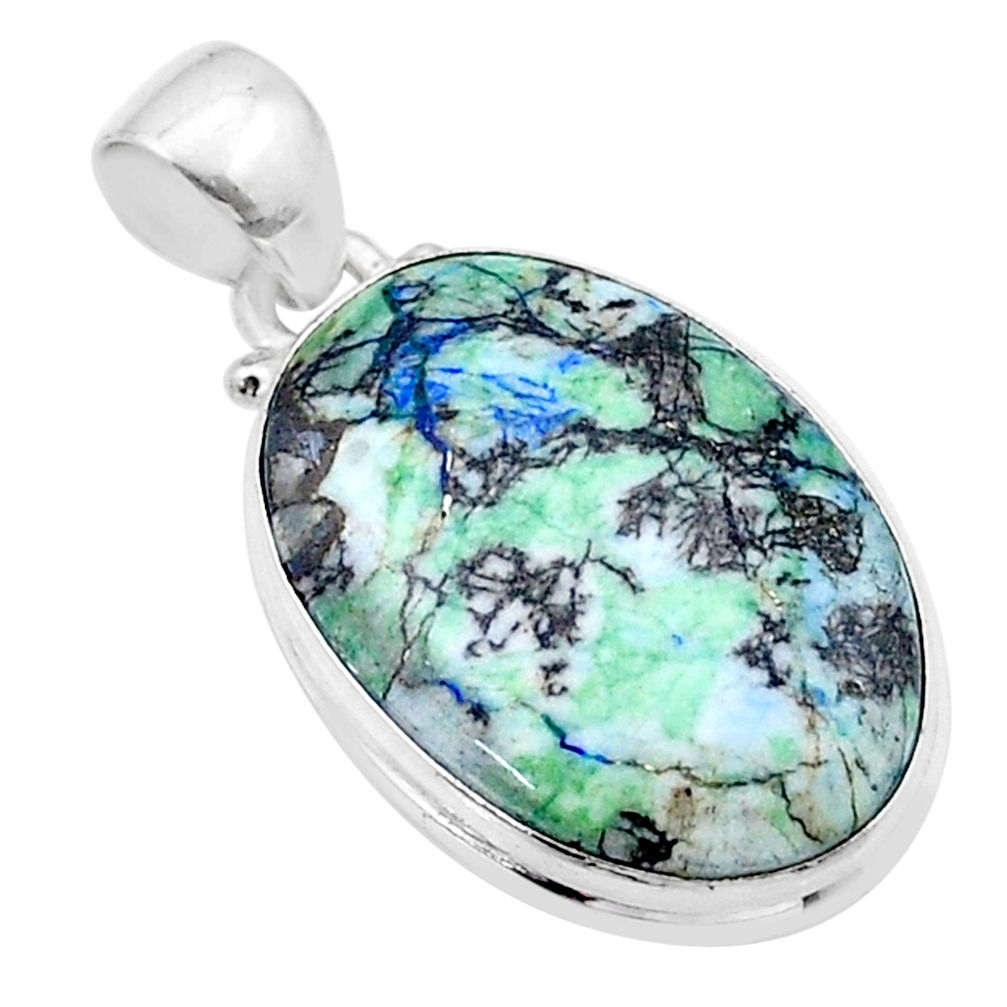 16.90cts natural green turquoise azurite oval 925 sterling silver pendant u39103