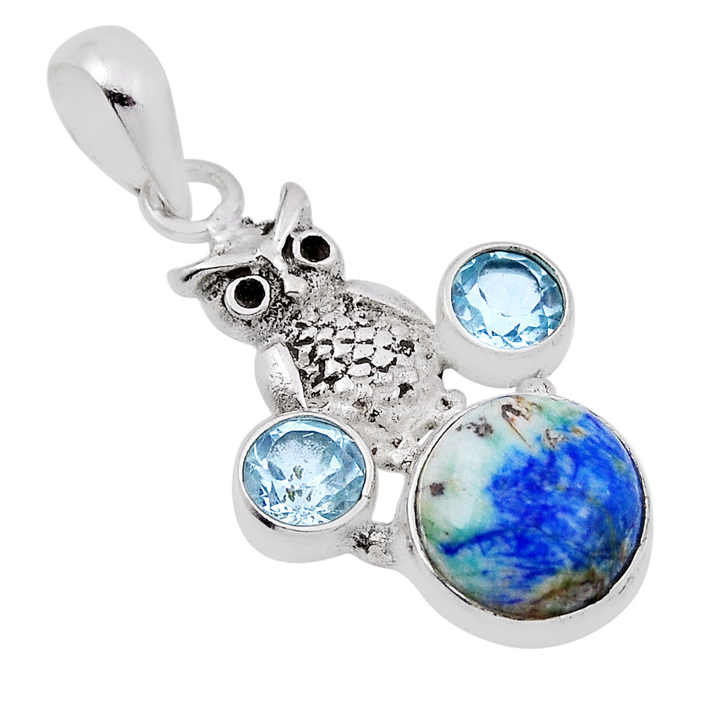 6.28cts natural green turquoise azurite round topaz silver owl pendant n29287
