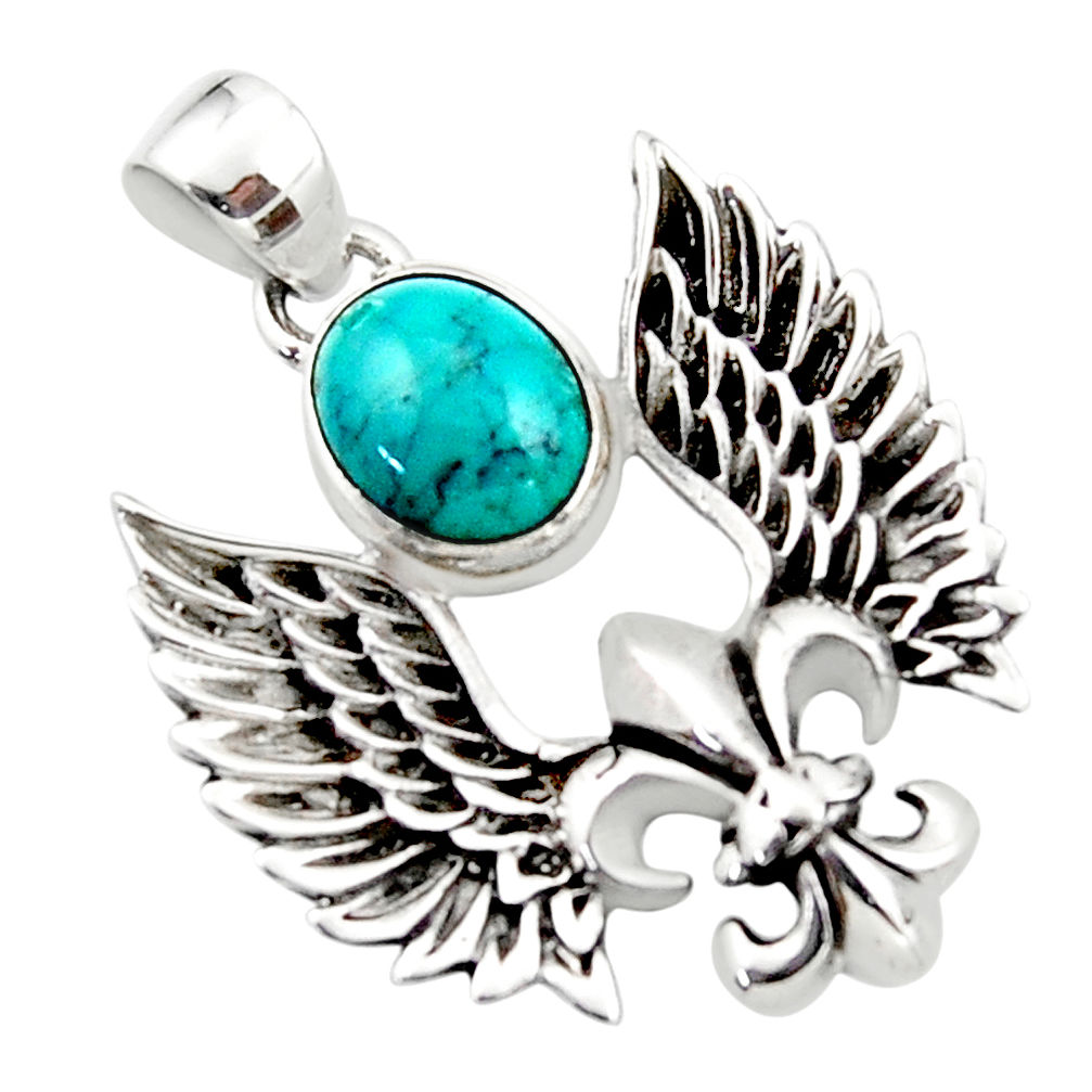 4.25cts natural green turquoise tibetan 925 silver feather charm pendant r52862