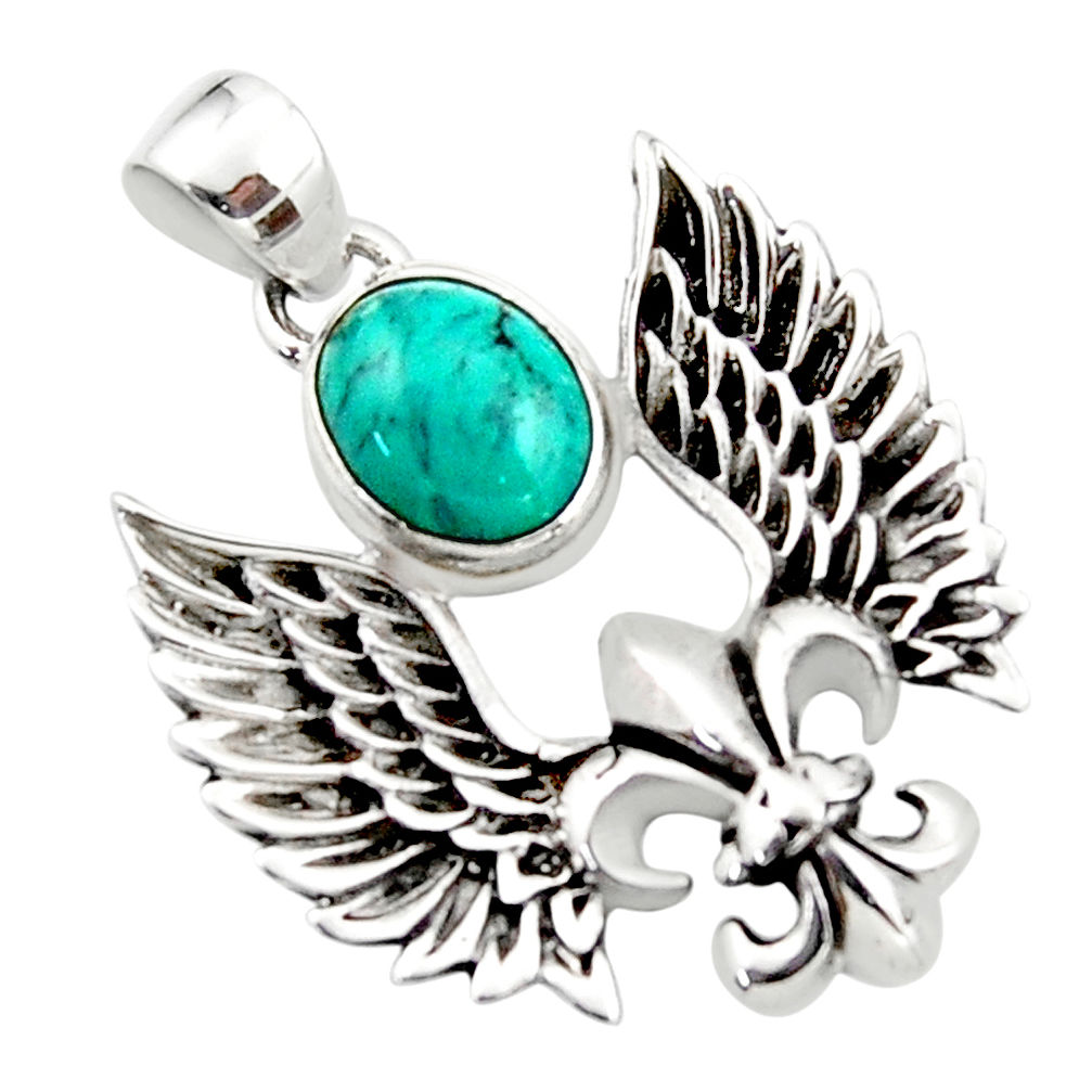 4.18cts natural green turquoise tibetan 925 silver feather charm pendant r52883