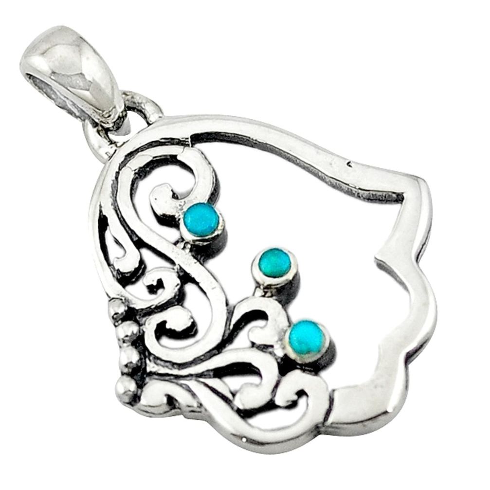 Natural green turquoise tibetan 925 silver hand of god hamsa pendant c10914