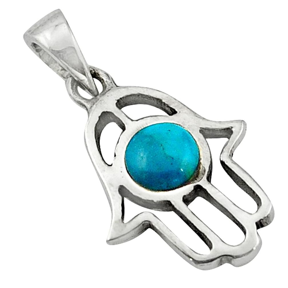 Natural green turquoise tibetan 925 silver hand of god hamsa pendant c10972