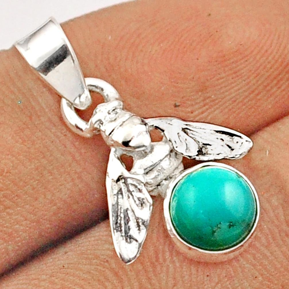 2.49cts natural green turquoise tibetan 925 silver honey bee pendant u13701