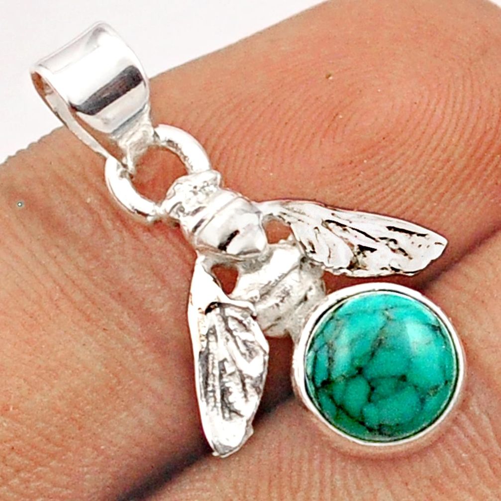 2.46cts natural green turquoise tibetan 925 silver honey bee pendant u13702