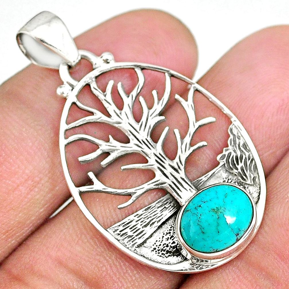 4.19cts natural green turquoise tibetan 925 silver tree of life pendant r90424