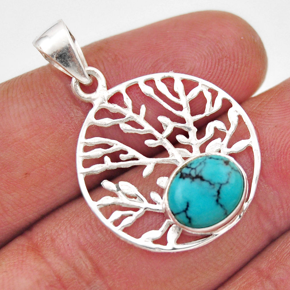 3.71cts natural green turquoise tibetan 925 silver tree of life pendant y91385