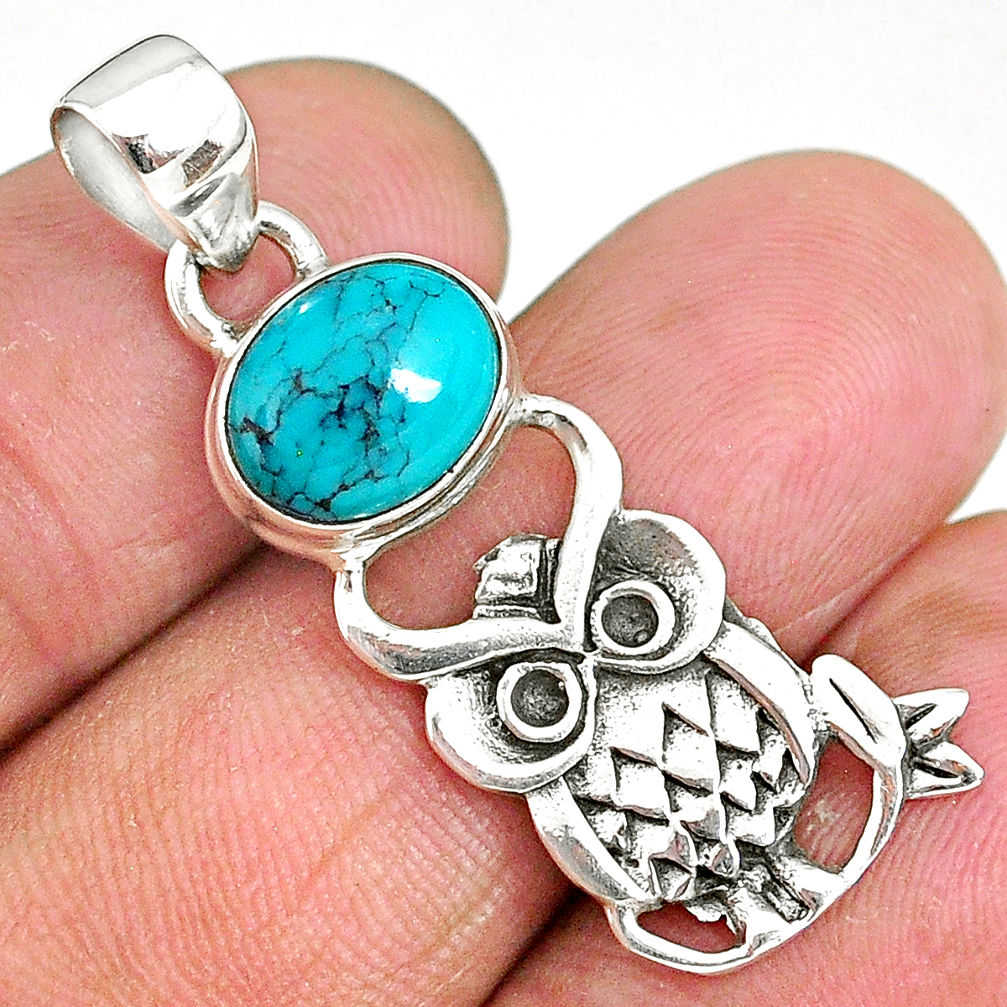 4.15cts natural green turquoise tibetan 925 sterling silver owl pendant r90481