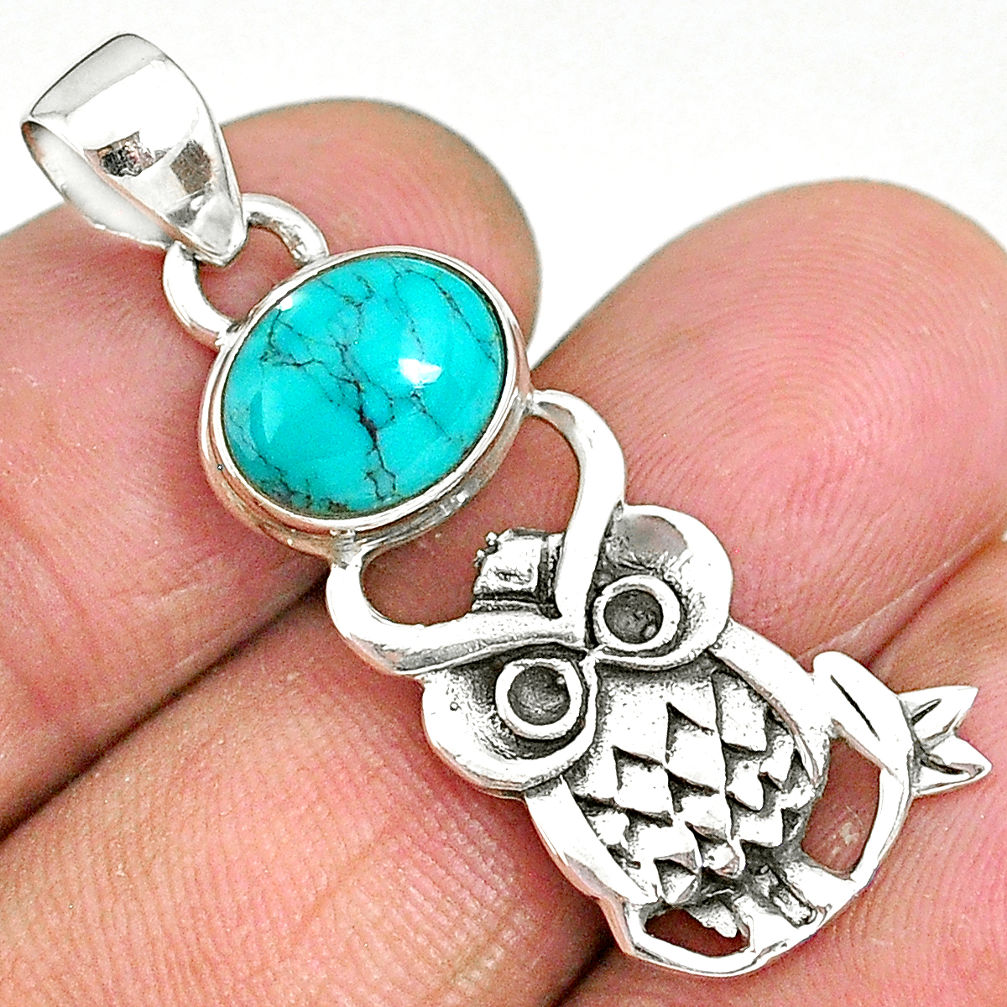 4.18cts natural green turquoise tibetan 925 sterling silver owl pendant r90482