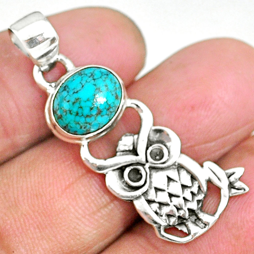 4.19cts natural green turquoise tibetan 925 sterling silver owl pendant r90484