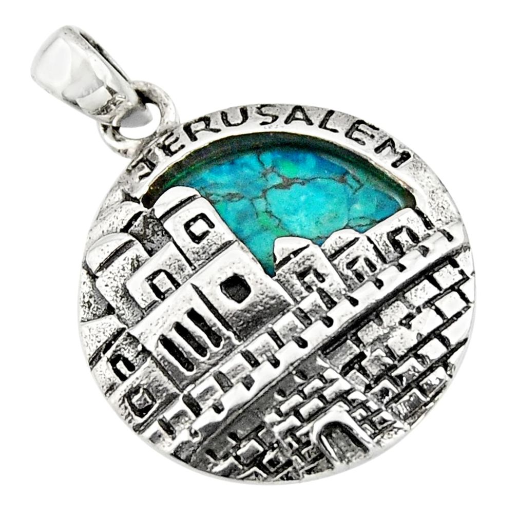 5.53cts natural green turquoise tibetan 925 sterling silver pendant c10275
