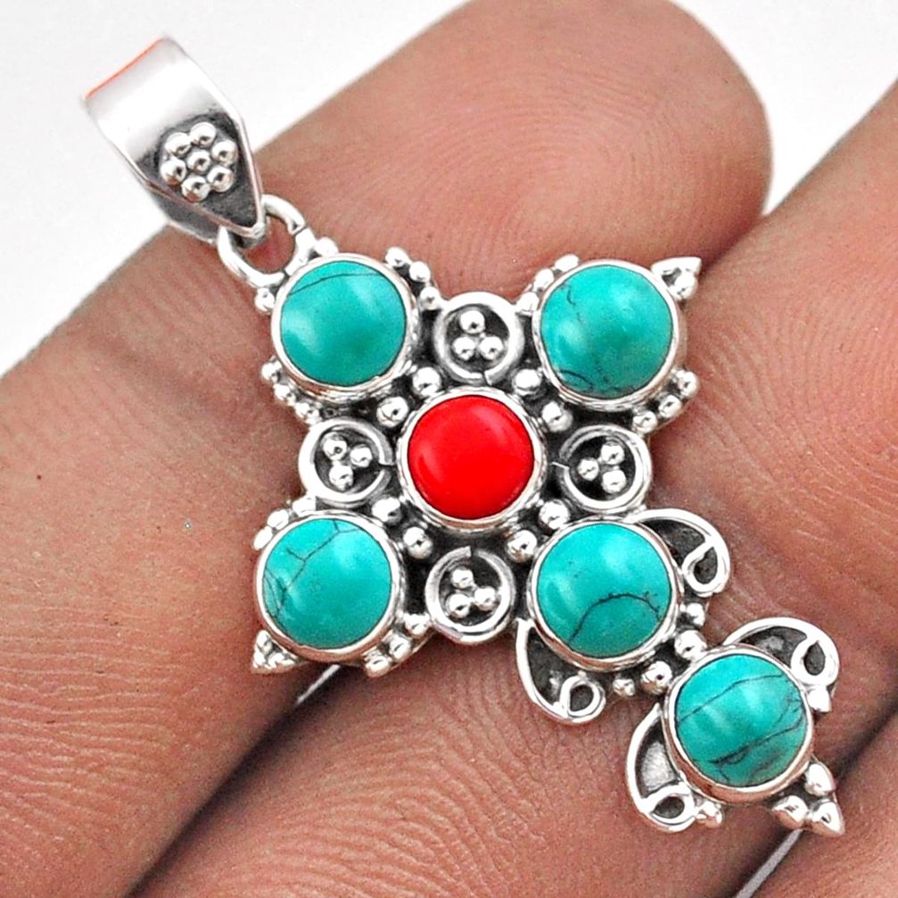 5.80cts natural green turquoise tibetan coral 925 silver cross pendant t85848