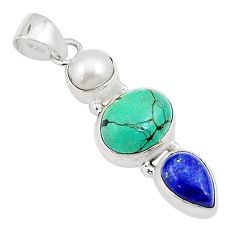 7.90cts natural green turquoise tibetan lapis lazuli pearl silver pendant u27441