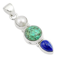 7.85cts natural green turquoise tibetan lapis lazuli pearl silver pendant u27465