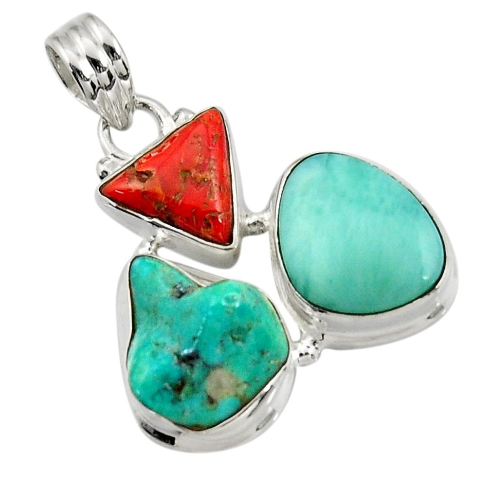 22.05cts natural green turquoise tibetan larimar coral 925 silver pendant d42884
