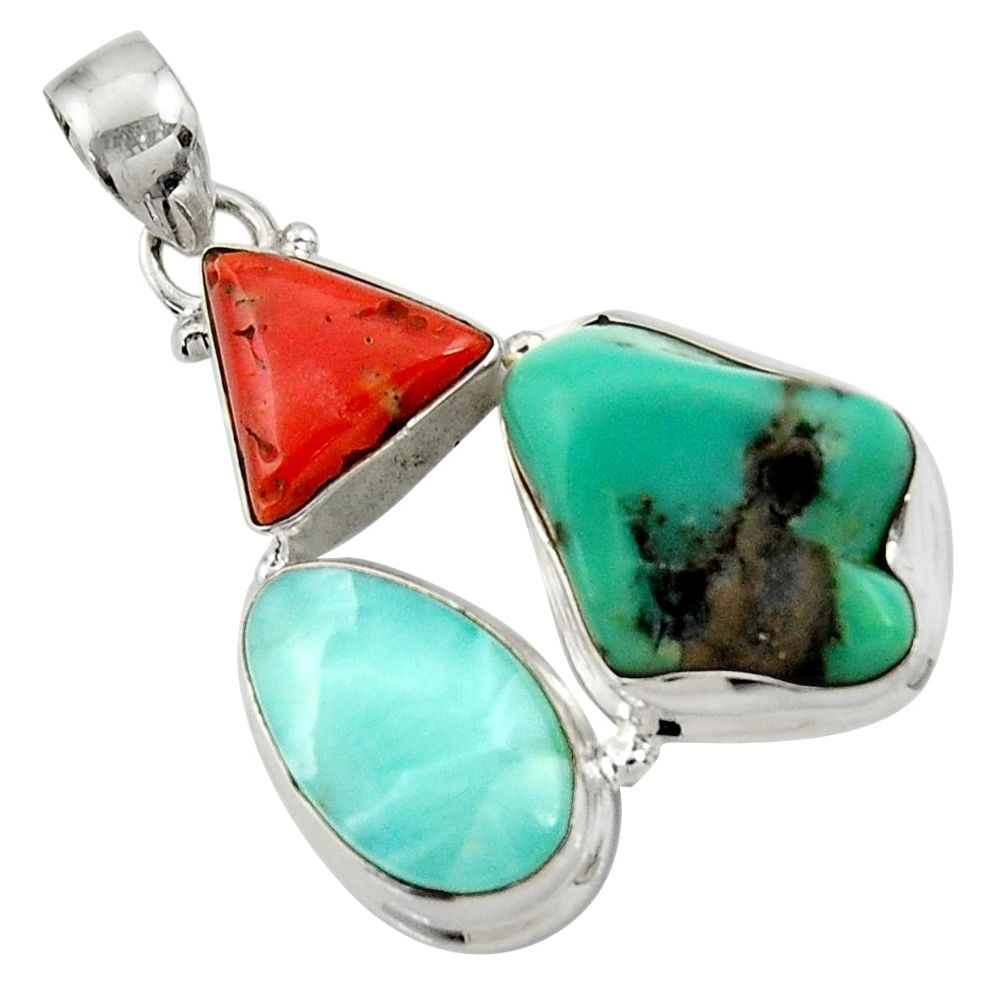 28.86cts natural green turquoise tibetan larimar coral 925 silver pendant d42888