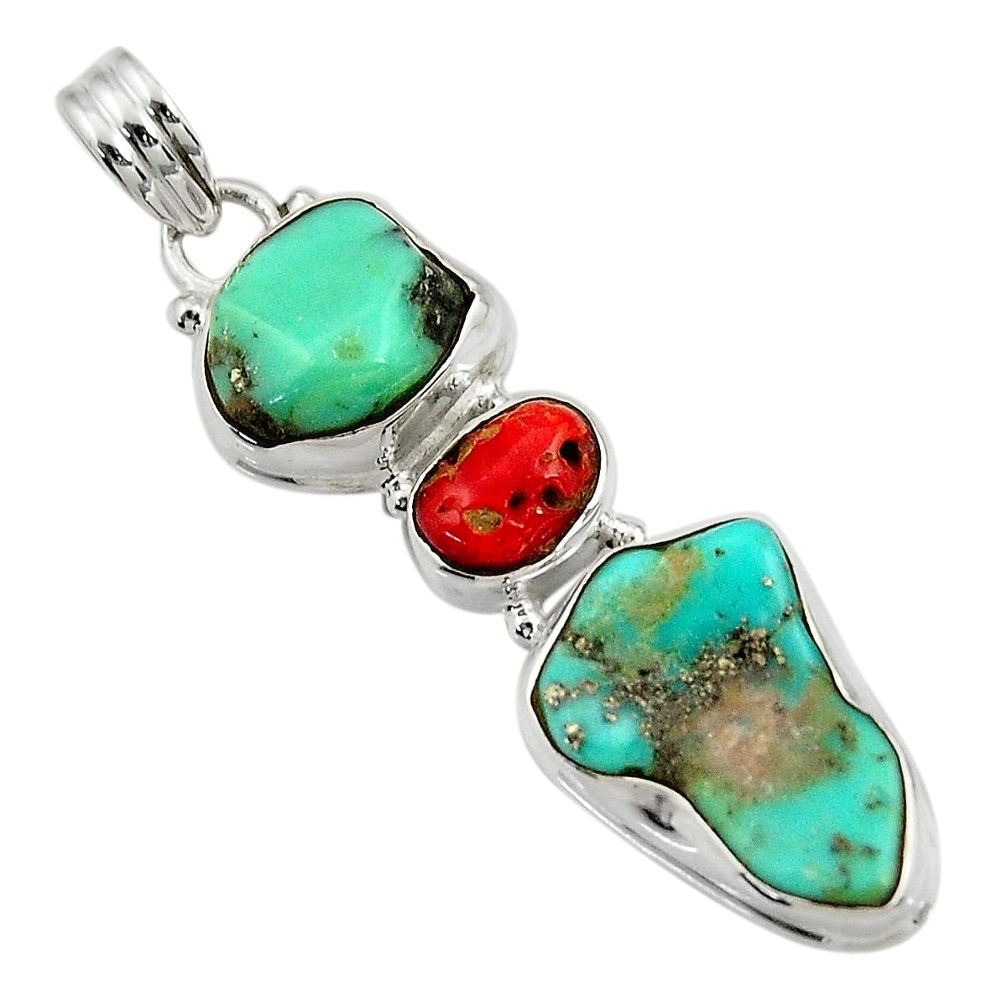 21.72cts natural green turquoise tibetan red coral 925 silver pendant d42881