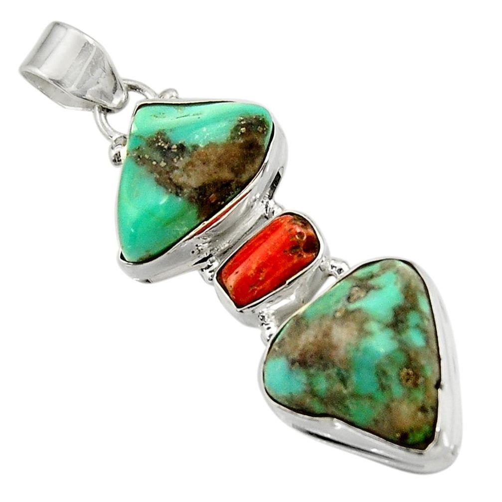 28.84cts natural green turquoise tibetan red coral 925 silver pendant d42891