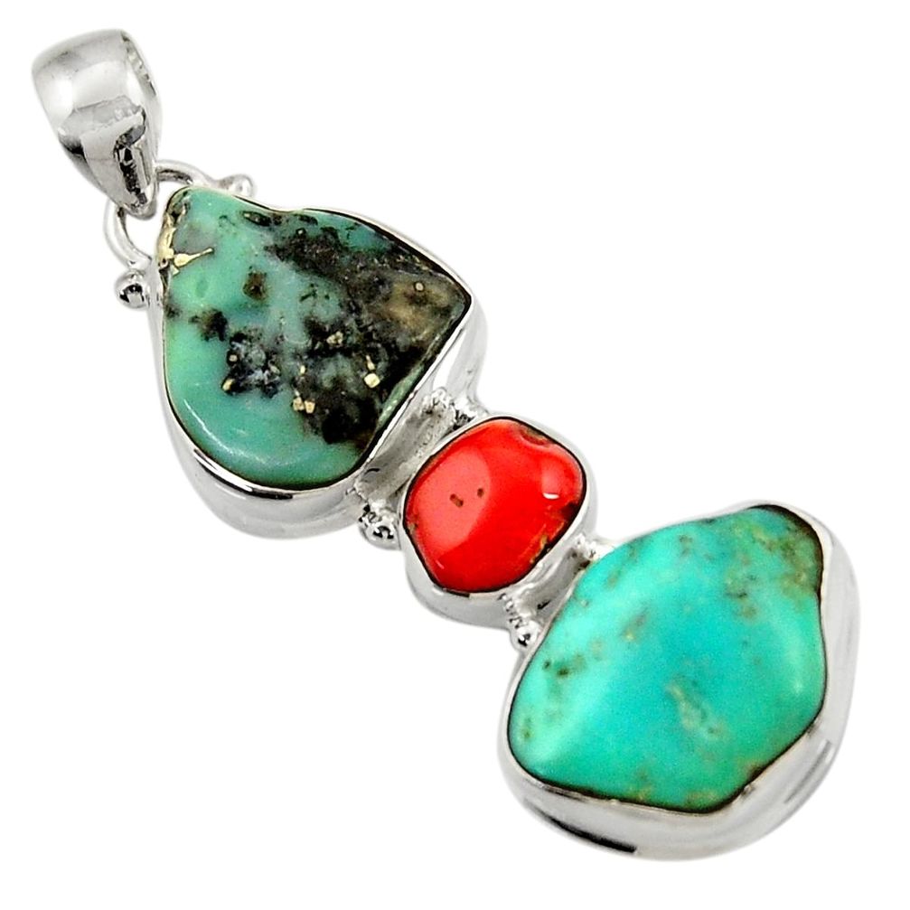 27.05cts natural green turquoise tibetan red coral 925 silver pendant d42897