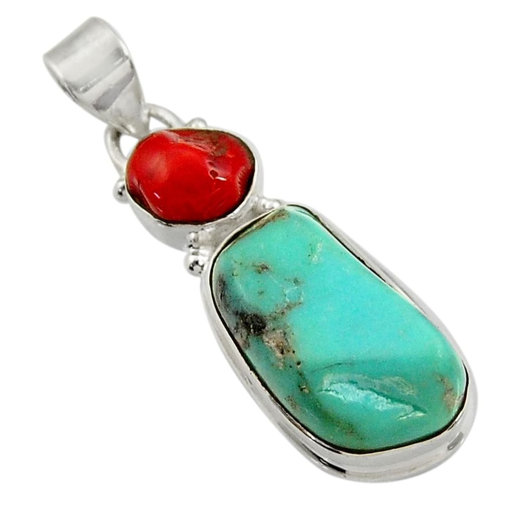 18.94cts natural green turquoise tibetan red coral 925 silver pendant d42914