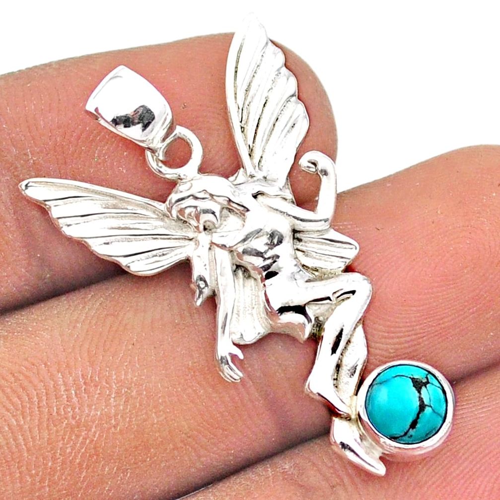 1.21cts natural green turquoise tibetan silver angel wings fairy pendant u14746