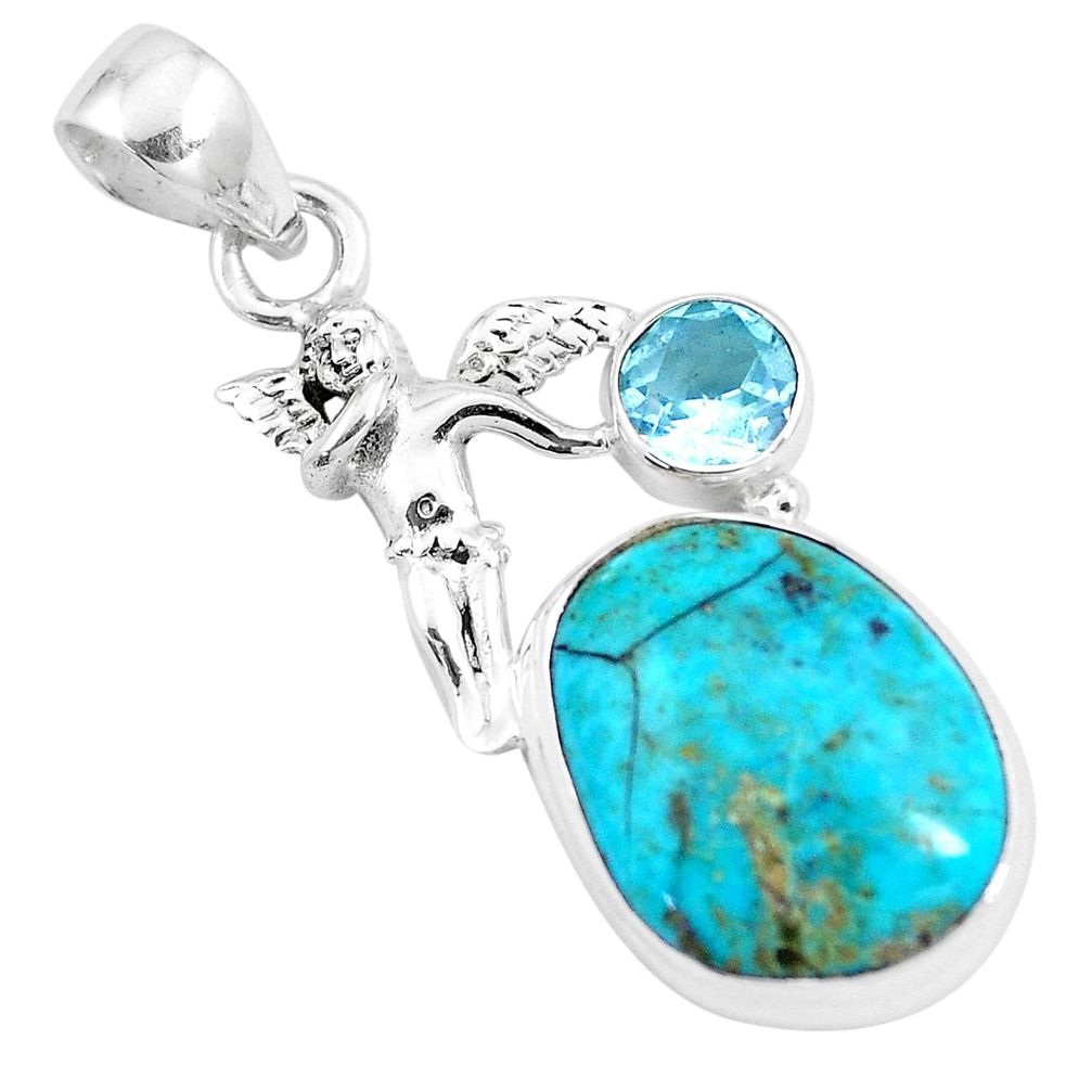 13.09cts natural green turquoise tibetan topaz 925 silver angel pendant p16145