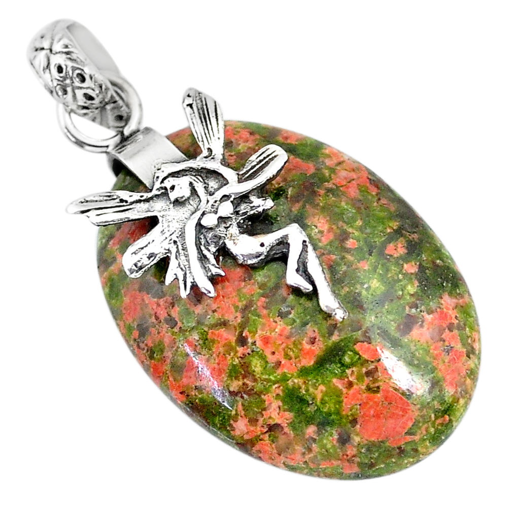 23.01cts natural green unakite 925 silver angel wings fairy pendant r91188