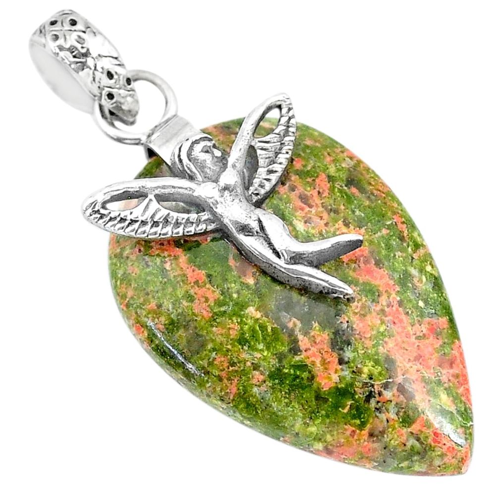 20.90cts natural green unakite 925 silver angel wings fairy pendant r91196