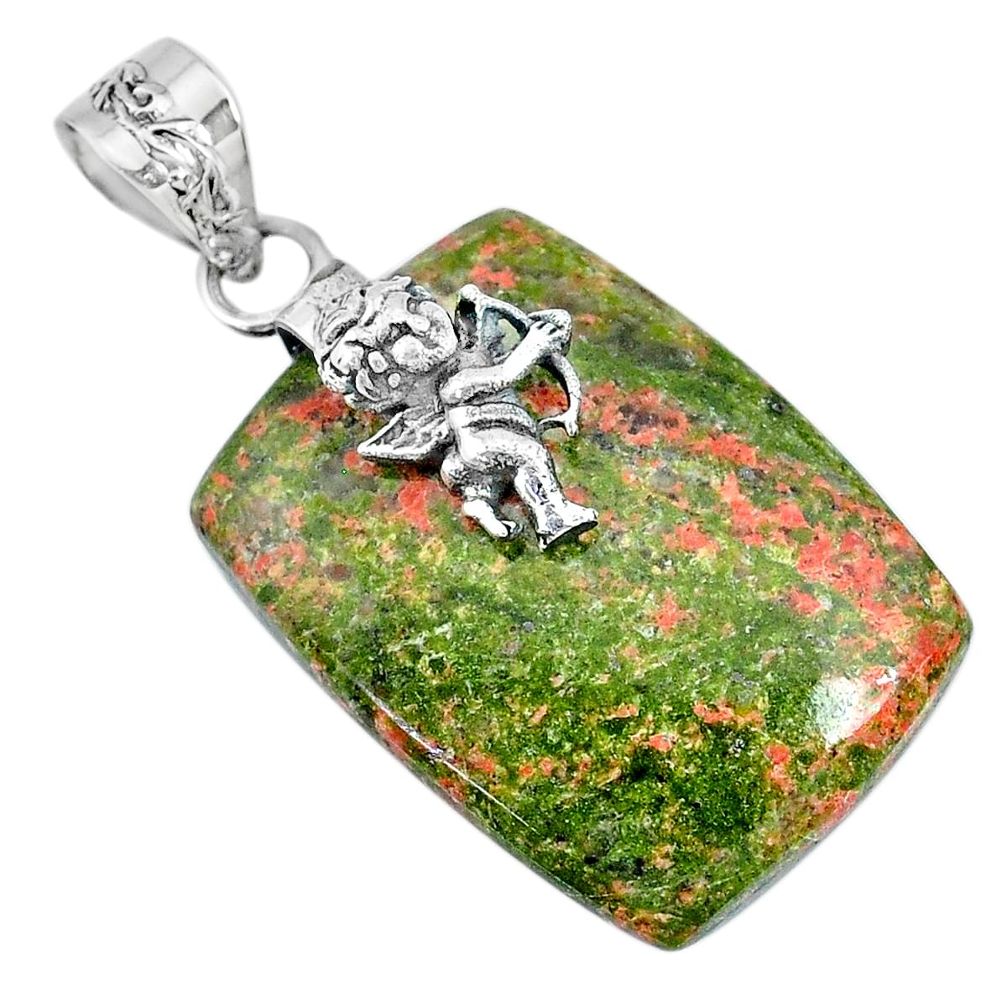 30.30cts natural green unakite 925 sterling silver angel handmade pendant r74465