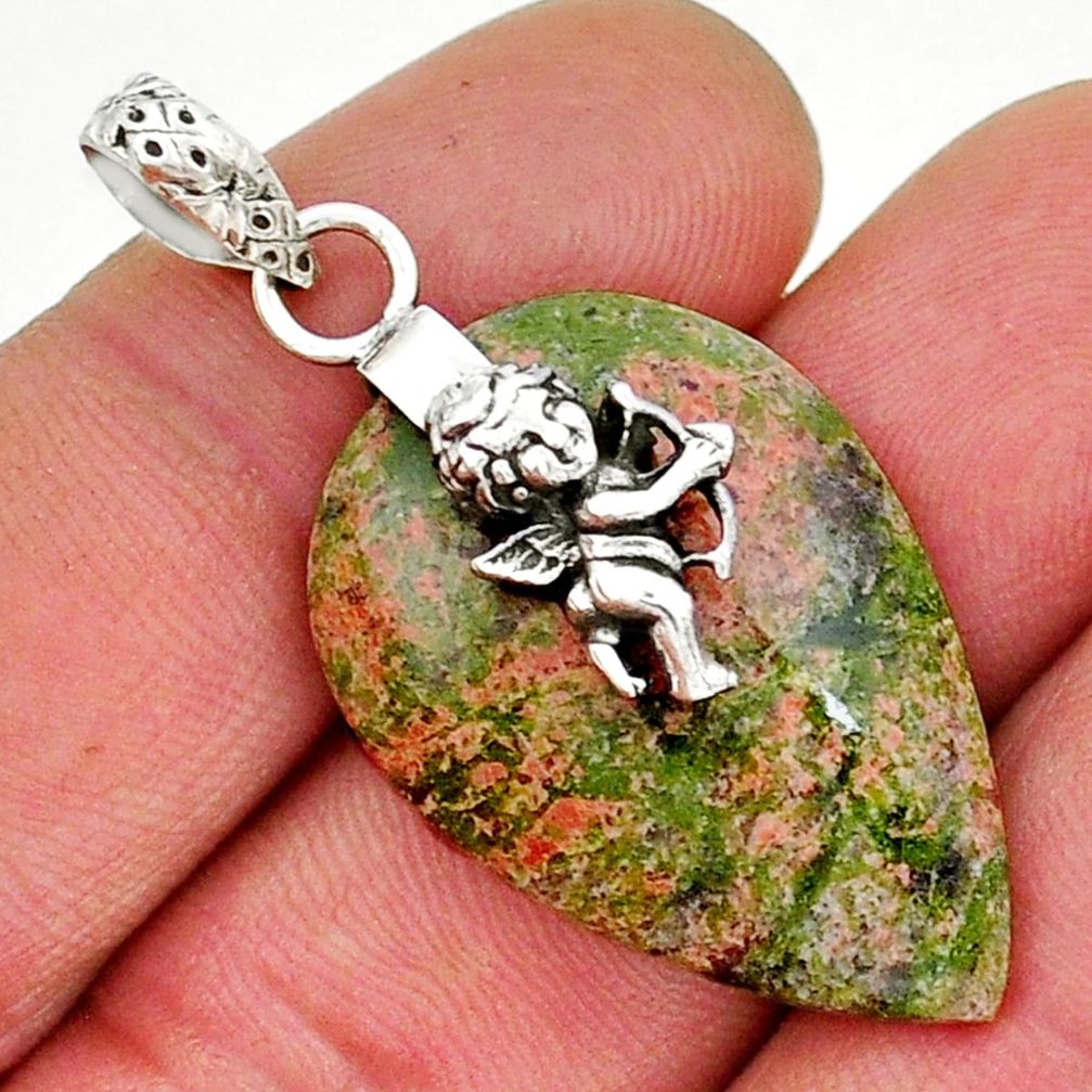 16.91cts natural green unakite 925 sterling silver angel pendant jewelry y17998