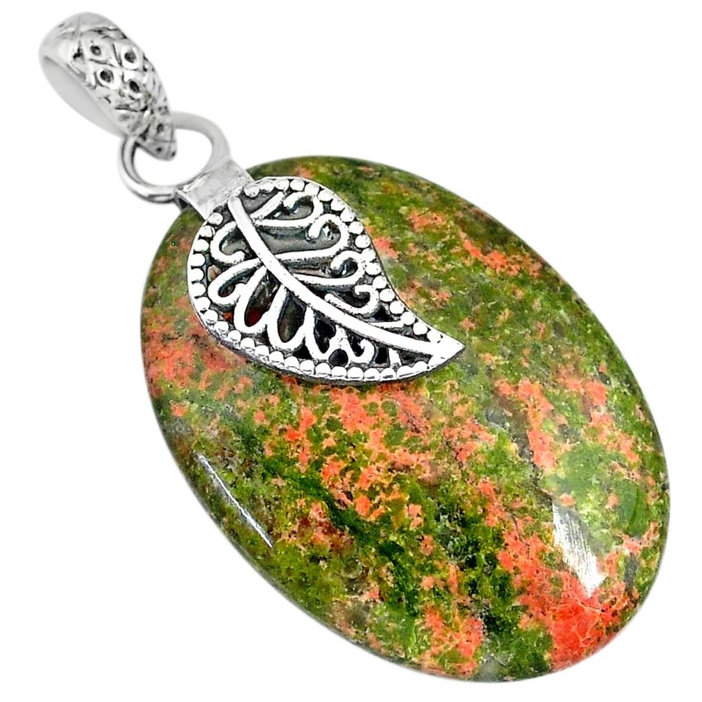 23.10cts natural green unakite 925 sterling silver deltoid leaf pendant r91189