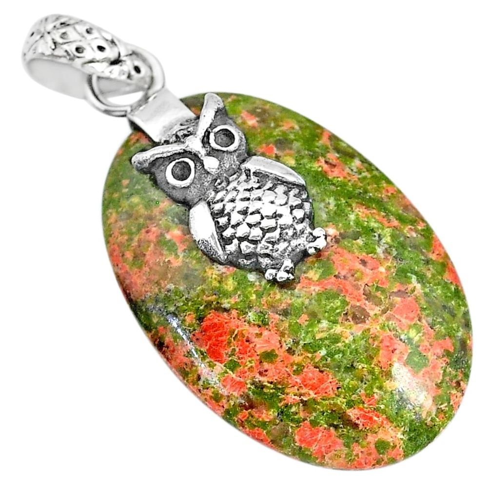 20.04cts natural green unakite 925 sterling silver owl pendant jewelry r91182