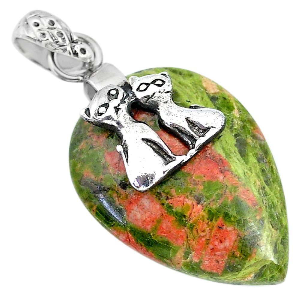 20.04cts natural green unakite 925 sterling silver two cats pendant r91193