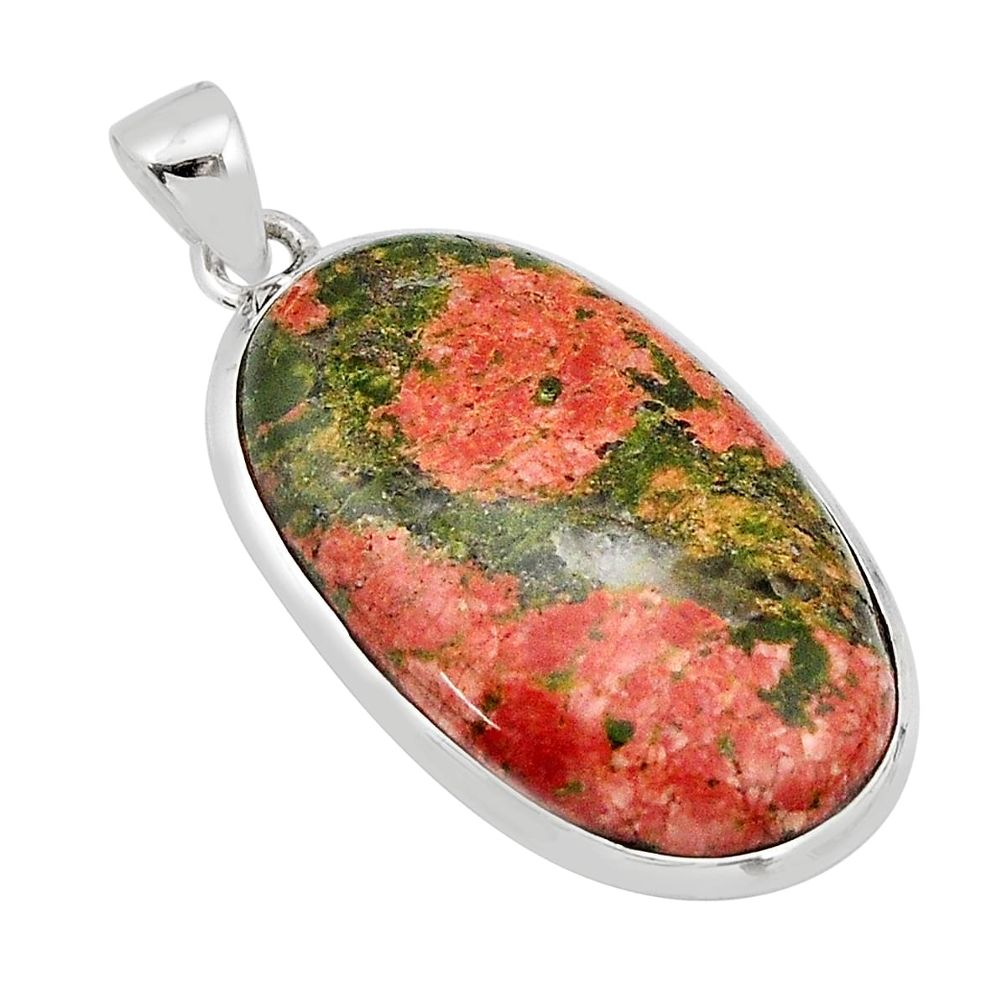 26.70cts natural green unakite oval 925 sterling silver pendant jewelry y66514