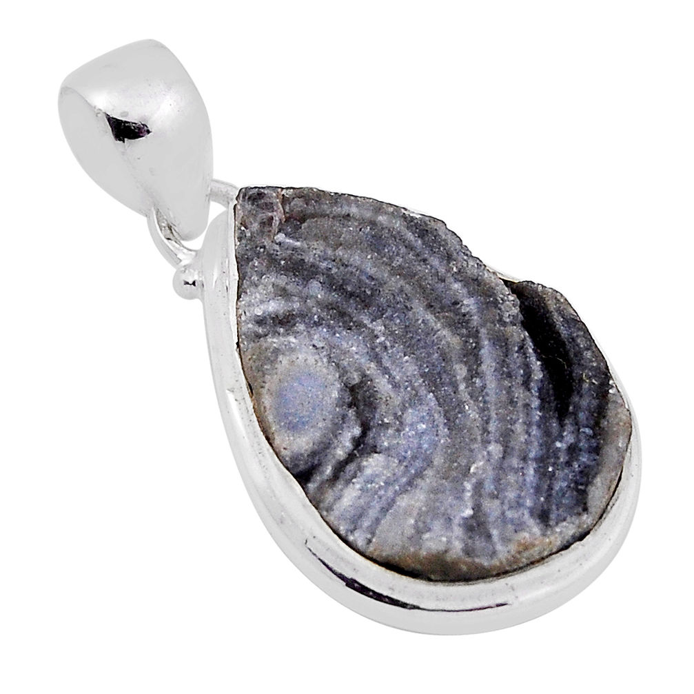 14.14cts natural grey desert druzy (chalcedony rose) 925 silver pendant n30828