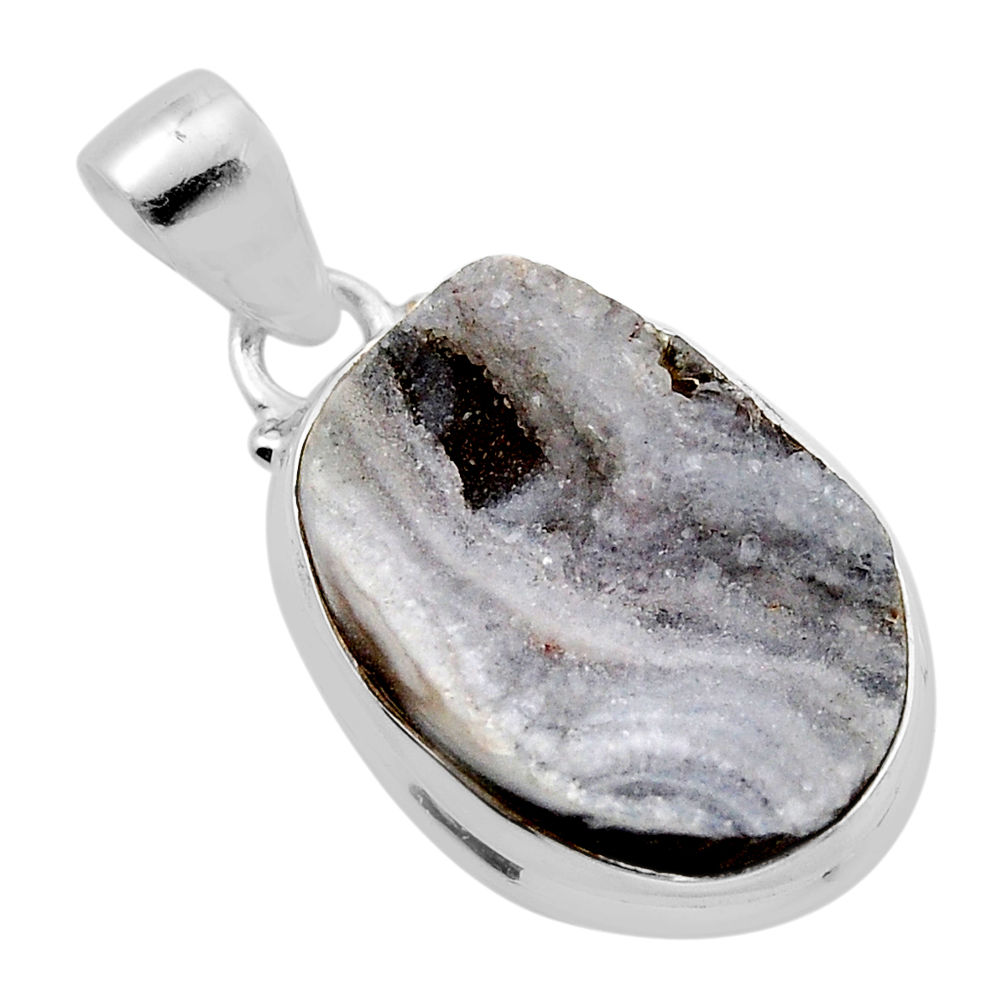 13.85cts natural grey desert druzy (chalcedony rose) 925 silver pendant y87705