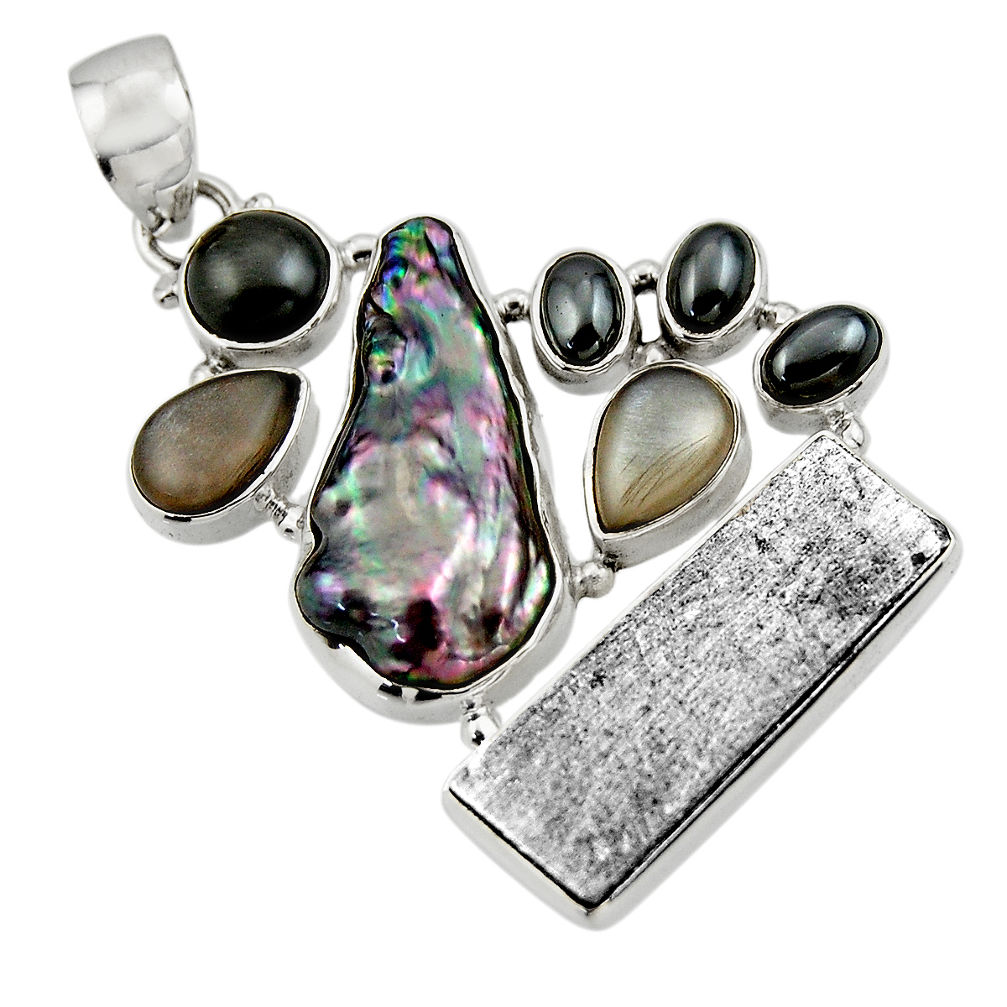 30.87cts natural grey meteorite gibeon labradorite 925 silver pendant r44371