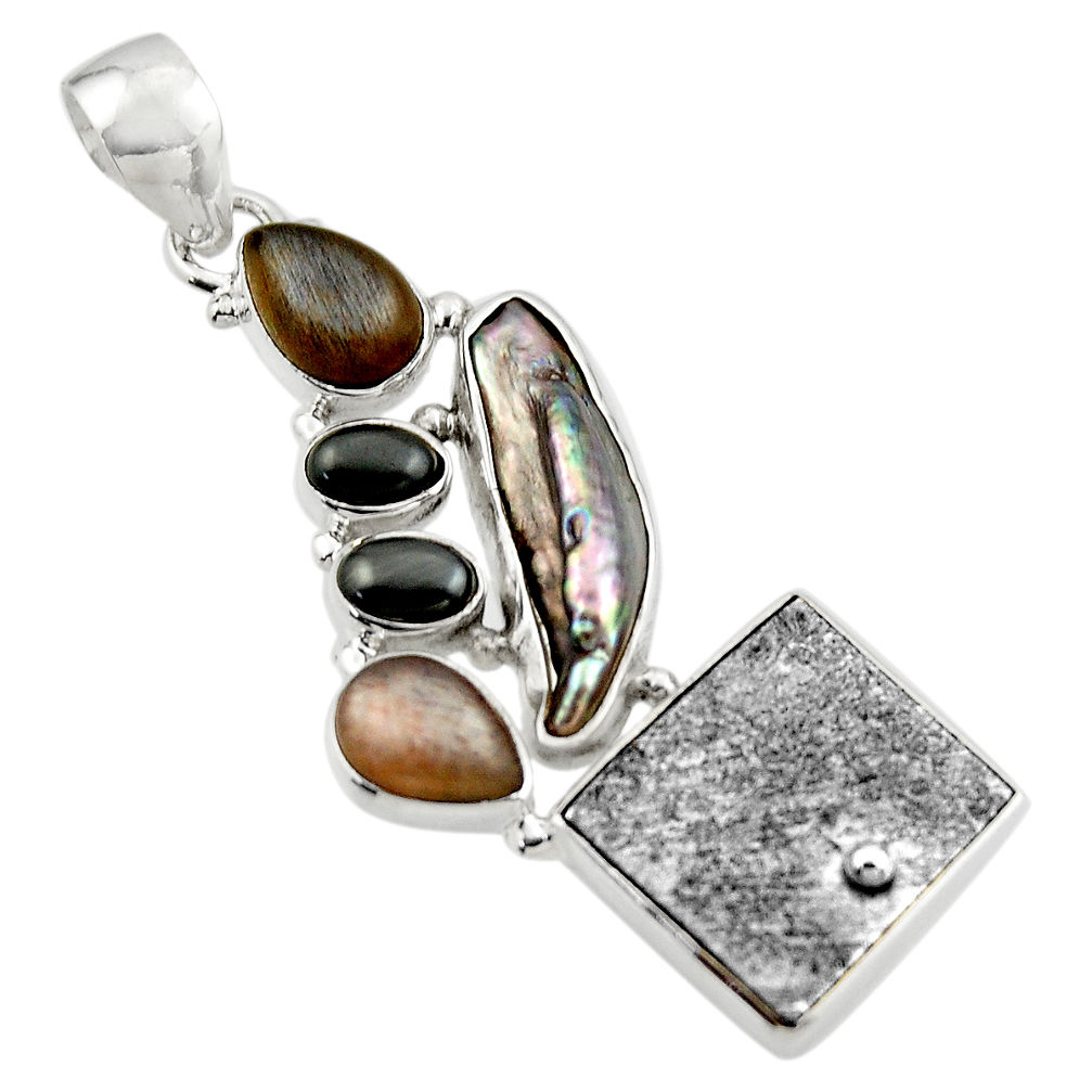 21.72cts natural grey meteorite gibeon moonstone 925 silver pendant r44380